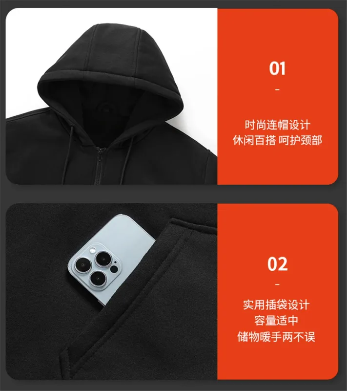 Hoodies de aquecimento usb masculino inverno elétrico aquecido hoodies jaquetas com zíper aquecido com capuz infravermelho 5 áreas de aquecimento jaqueta preto cinza — image 20