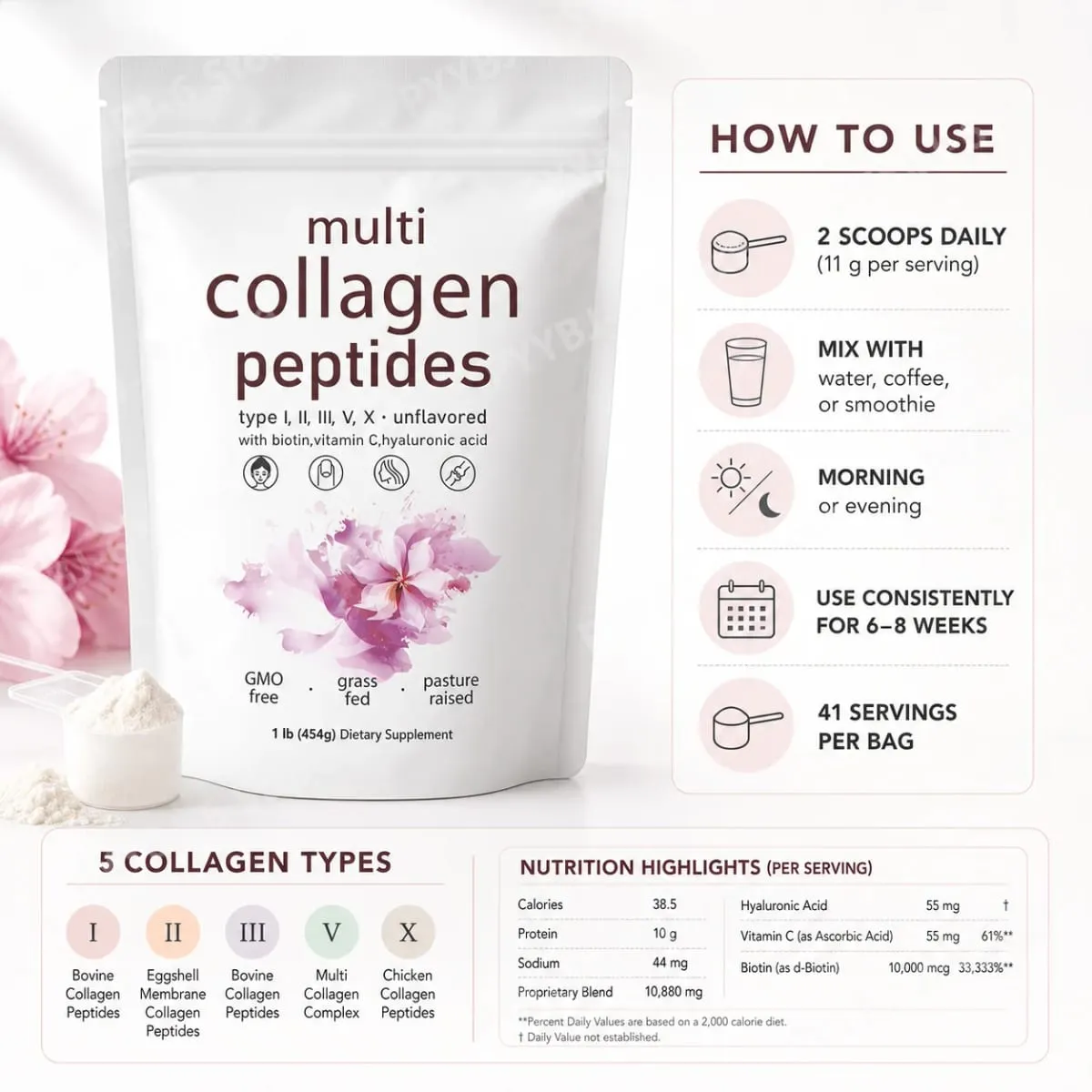 Multi Collagen Peptides Powder 454g Unflavored Collagen Blend with Vitamin C Biotin Hyaluronic Acid Skin Hair Nails Support