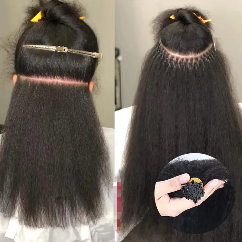 I Tip Extensions Μαλλιών Kinky Straight Human Hair #1B Pre Bonded Remy Micro Links Human Hair Extensions Natural Black 1g/Strand