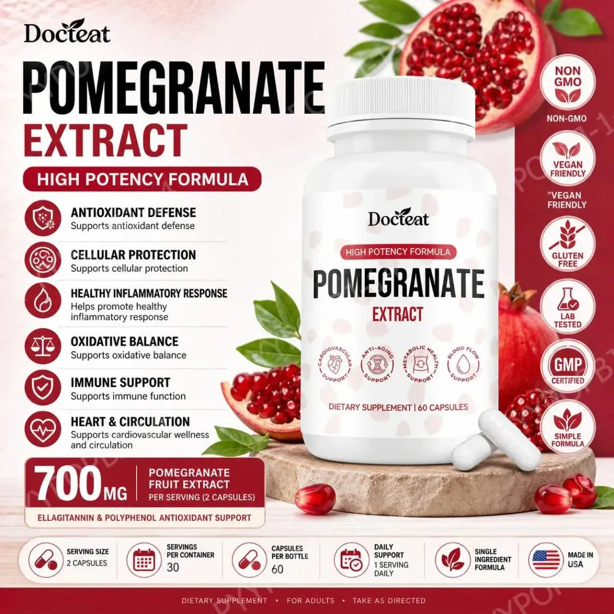 Κάψουλες Docteat Pomegranate Fruit Extract Ellagitannin Antioxidant Defense Immune Support and Oxidative Balance 60 Κάψουλες — image 2