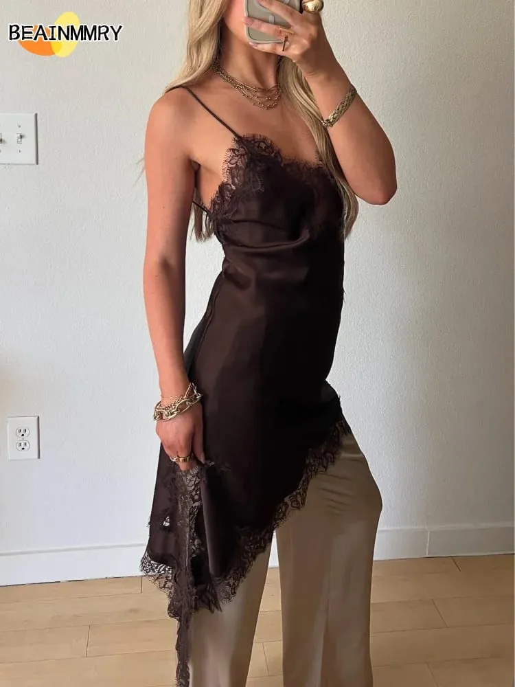 Barna szatén csipke összefűző sling ruha női elegáns, szabálytalan szegélyű V nyakú, hát nélküli ujjatlan ruha elegáns női party Club Vestidos — image 5