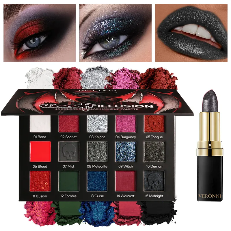 Gothic Eyeshadow Palette 15 Colors & Black Lipstick - Dark Romantic Smoky Eye Vampire Halloween Makeup Matte Shimmer Dark Lip — image 4