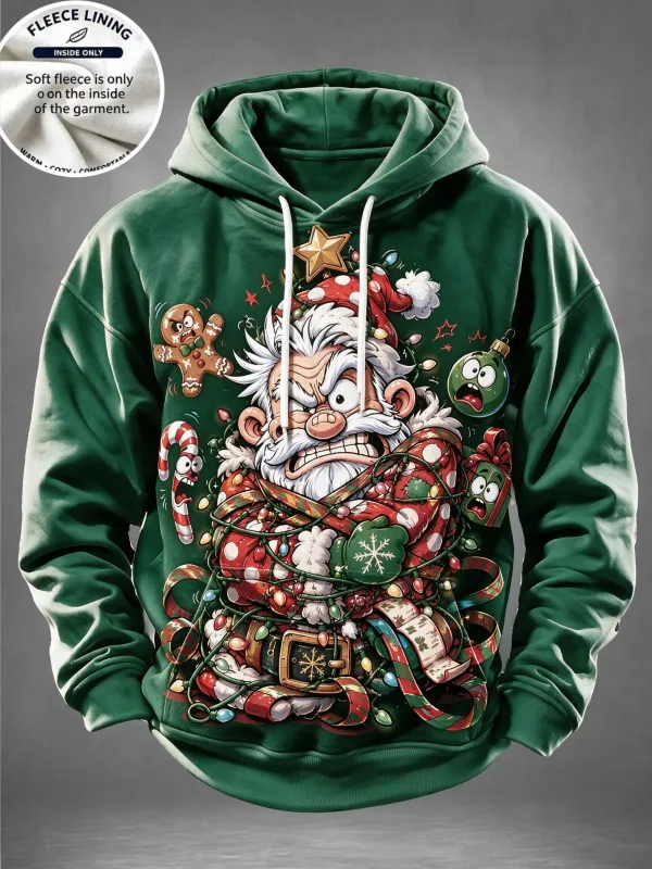 Men Fleece Lined Hoodie Santa Beer Christmas Tree Print Pullover Hooded Sweatshirt Holiday Hoody