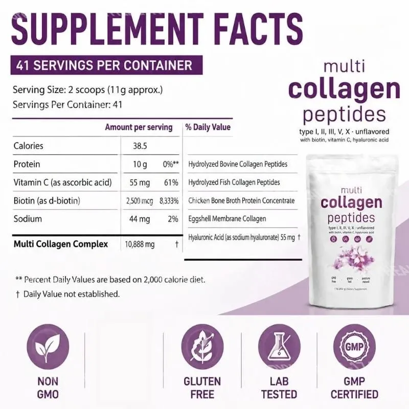 Multi Collagen Peptides I II III V típusú por biotin C-vitaminnal és hialuronsavval támogatja a bőrt, haj körmöket férfiaknak, nőknek — image 2
