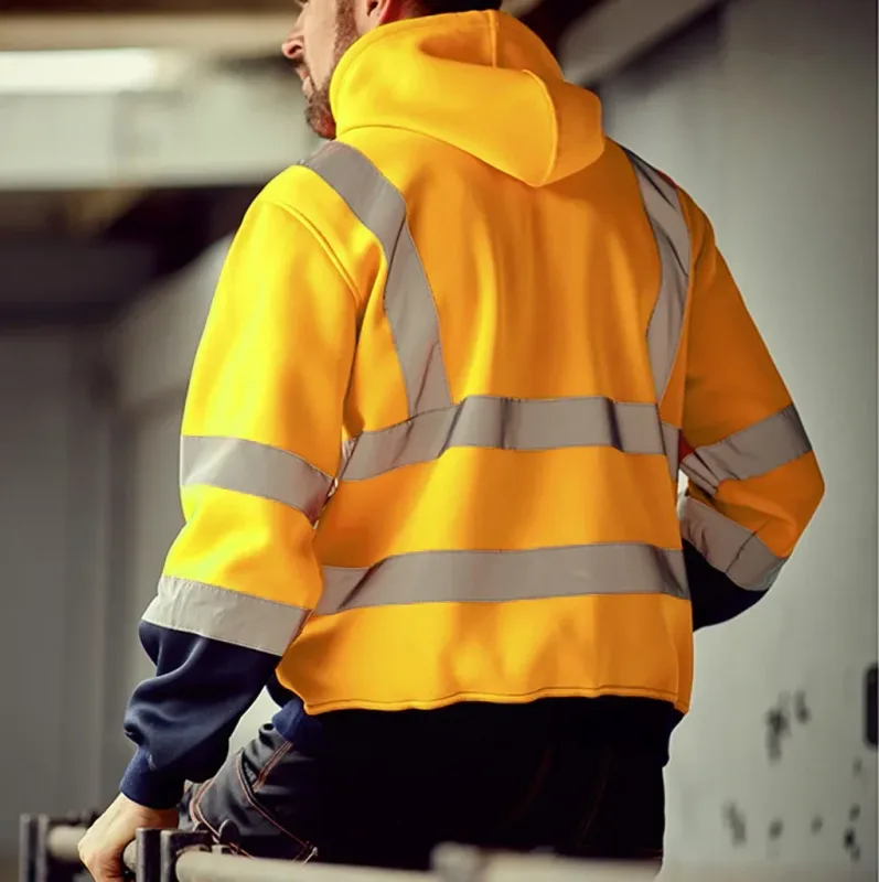 Reflective Work Safety Men Hoodies Drawstring Loose Zipper Jacket Autumn Thin Fleece Hooded Pullover Coat Casual Work Sweatshirt — image 4