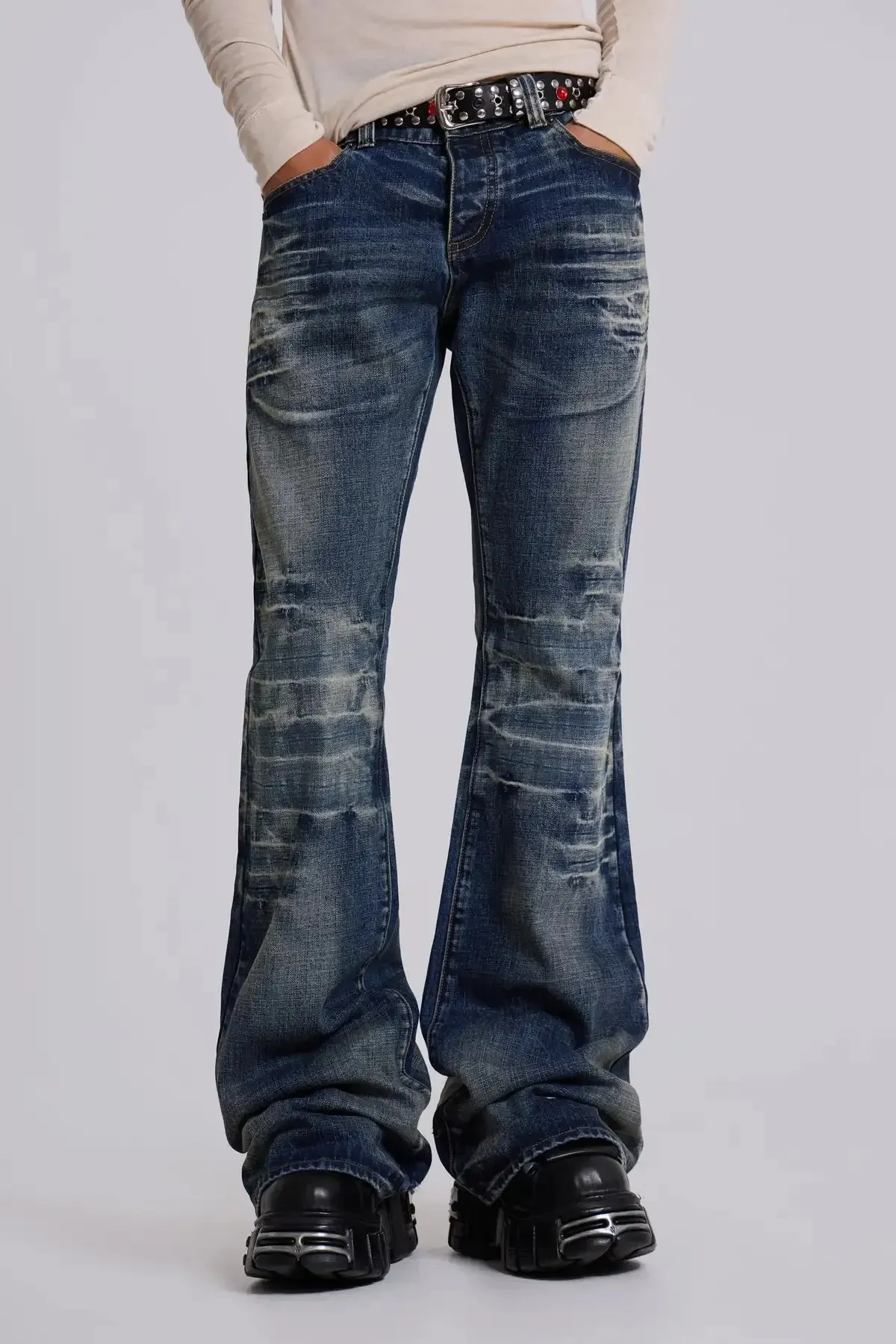 Y2K Mid Blue Flared Jeans Washed Men Women Bootcut Jeans Gothic High Street Unisex Streetwear Φαρδύ παντελόνι με φαρδύ πόδι