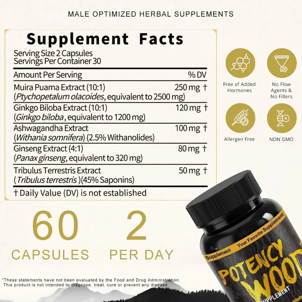 Extra Strength Male Supplement with Panax Ginseng Ashwagandha Gingko Tribulus Extract for Energy Stamina & Boosting Blood Flow