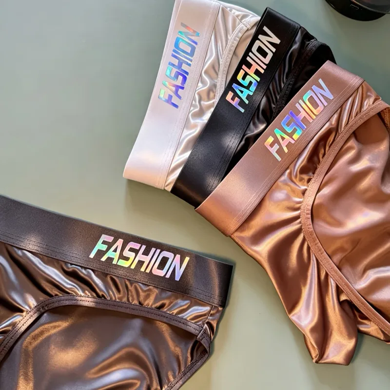 Men Glossy Satin-like Smooth Brief Ice-Silk Hip Wrap LargePouch Satin Silky Briefs Low Waist Gradient Letter Glossy Underwear — image 2