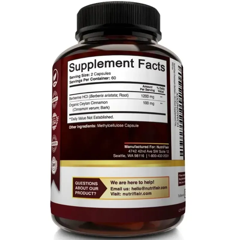 Premium Berberine HCl 1200mg- Ceylon Cinnamon Supplement - Supports Glucose Metabolism Immune System Healthy Weight Management
