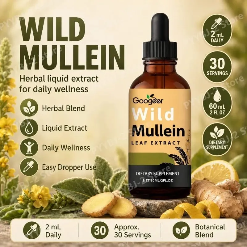 Mullein folyékony cseppek 60 ml vadon élő manyhén levél kivonattal és gyömbérrel, támogatja a tüdő egészségét és a szennyeződések tisztítását, növényi kiegészítővel