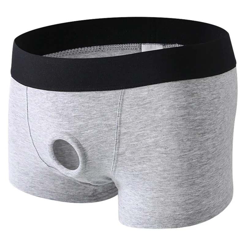 Mens Cotton Underwear Soft Open Pouch Hole Boxer Shorts Cock Ring Silicone Ring Sexy Boxer Briefs Erotic Panties Trunks Stretchy