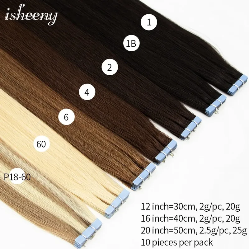 Isheeny Invisible Tape In Hair Extensions 12" 16" 20" Skin Weft Tape Ins 10pcs Natural Straight Machine Made Remy Human Hair — image 3