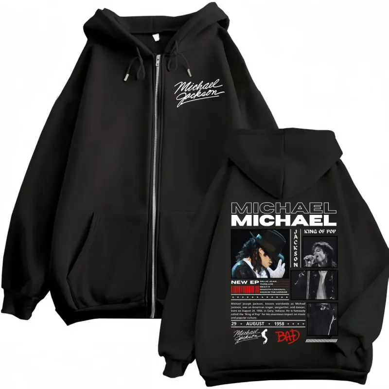 Cantor michael jackson clássico zíper hoodies rock moda vintage zip up pullovers masculino feminino casual manga comprida camisolas — image 1