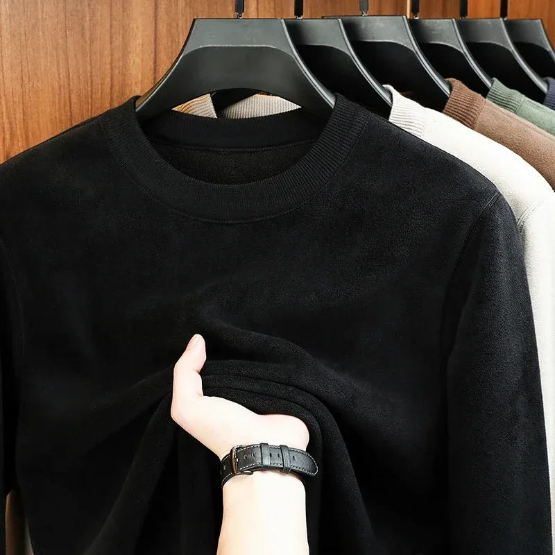 Moletom Com Capuz De Veludo Masculino Outono E Inverno Manga Comprida Pescoço Redondo Cor Sólida Moda Casual Versátil Top — image 4