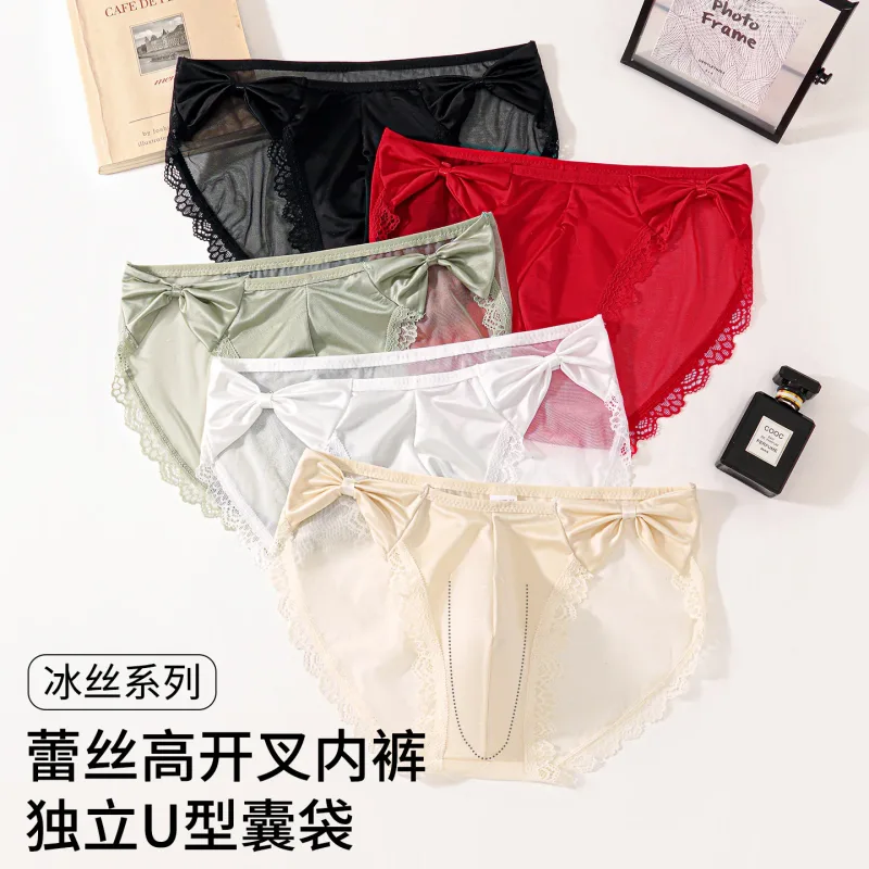 Women Panties for Men Bow High Cut Briefs Lace Mesh Sheer Underwear U Convex Pouch Breathable Underpant French Style Nightwear