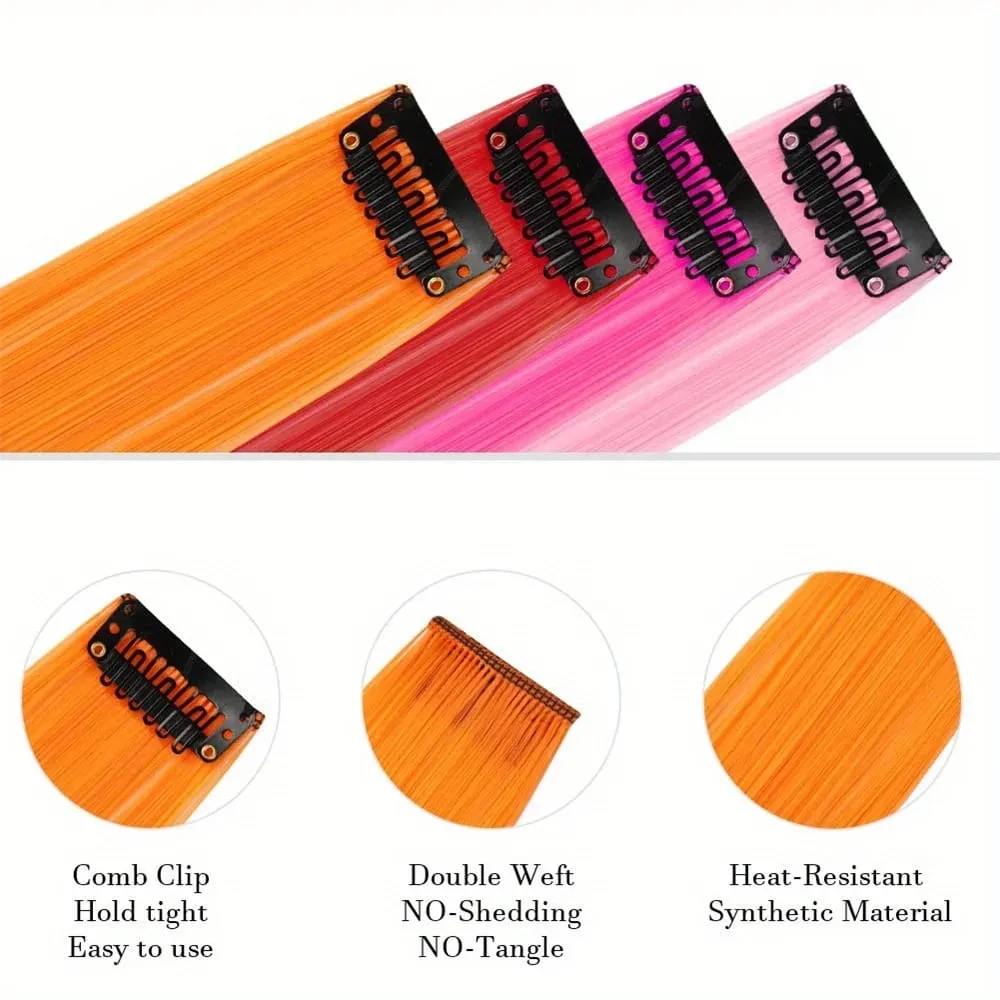 12pcs/pack Rainbow Colored 22 Inch Clip-in Hair Extensions Long Straight Synthetic Hairpieces for Women Girls Party Highlights