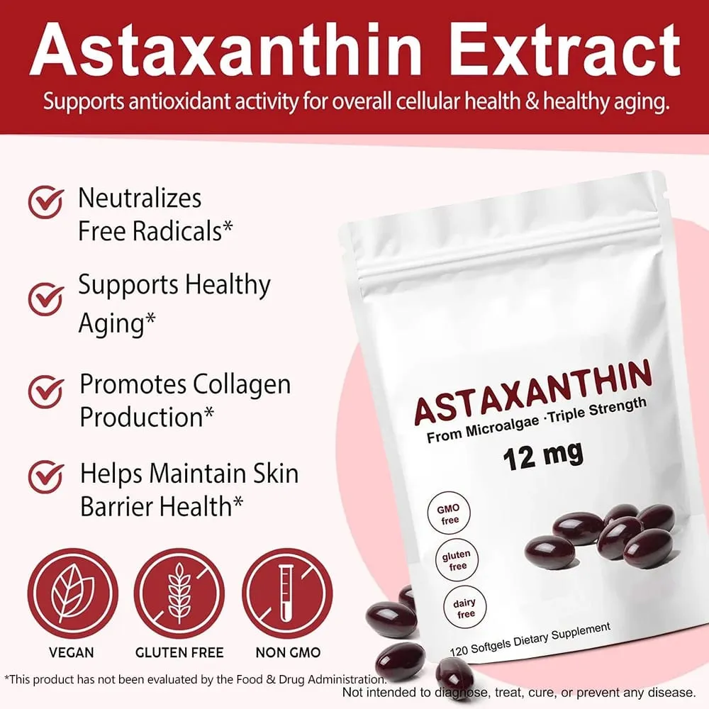 Astaxanthin 12mg 120 Softgels Triple Strength Premium Antioxidant Supplements Support Eye Skin Joint & Immune System Health — image 5