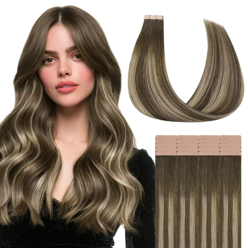 Sunmofavo Tape In Remy Human Hair Extensions Παχιά μεταξένια ίσια φυσική καφέ αόρατη ταινία 20 τμχ. — image 22