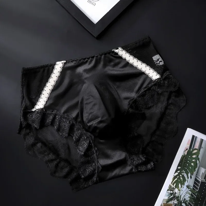 Large Size Women Panties for Men Soft Lace Satin Silky Briefs Mid Rise Bulge Pouch Underpant Sweet Sissy Crossdresser Underwear — image 10