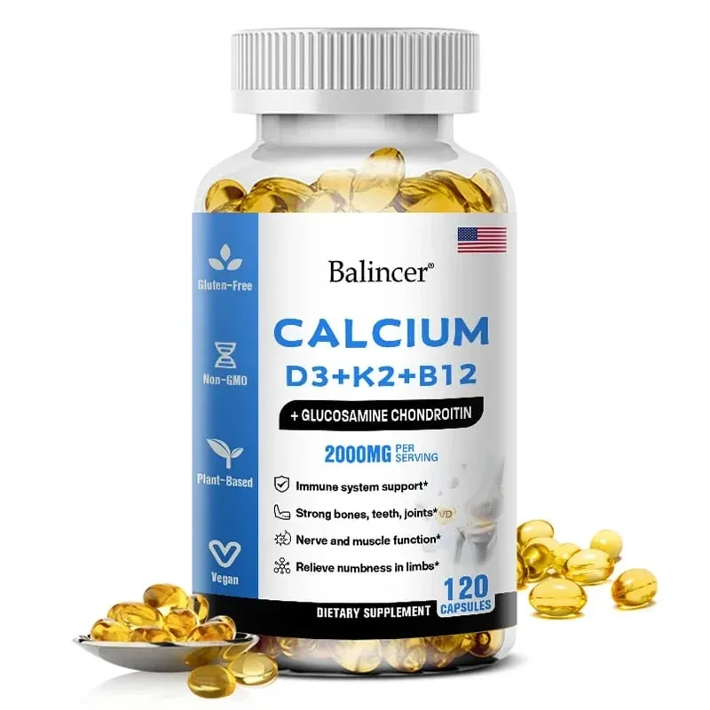 Balincer Vitamin D3+K2+B12 2000mg Capsules for Bone Immune and Calcium Support 120 Capsules Non-GMO