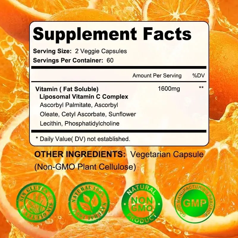 Λιποσωματική βιταμίνη C 1600 mg - Υψηλής απορρόφησης λιποδιαλυτή βιταμίνη C Αντιοξειδωτικό συμπλήρωμα ανοσοποιητικού συστήματος και ενισχυτικό κολλαγόνου — image 6
