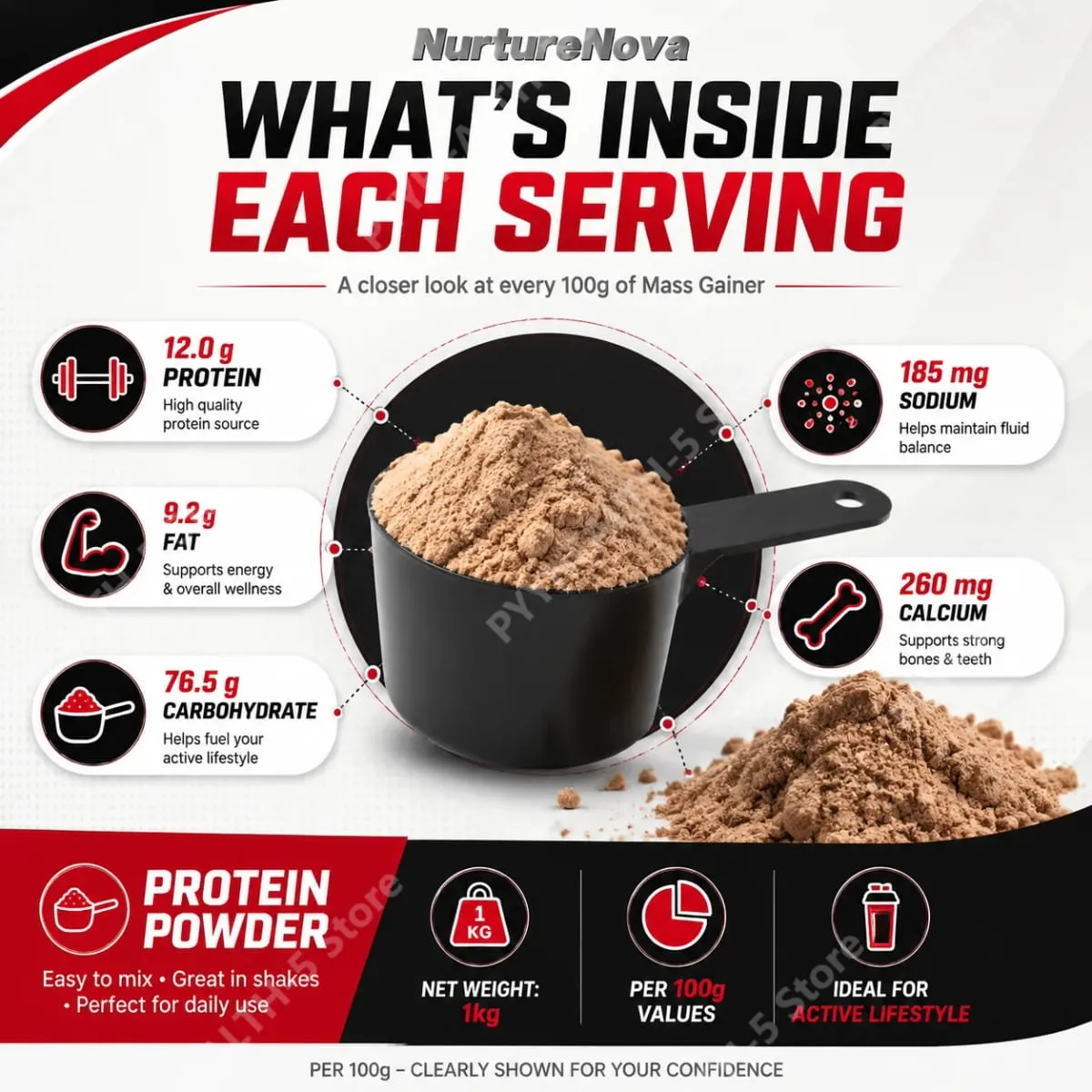 Mass Gainer Protein Powder NurtureNova New Formula High Protein for Muscle Building Support Συμπλήρωμα Αθλητικής Διατροφής 1kg — image 5