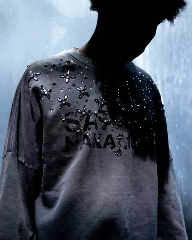 Letters Logo Rhinestone Rivet Satoshi Nakamoto Sweatshirts Men Women Streetwear Vintage Washed Charcoal Gray Green Pullovers Tag