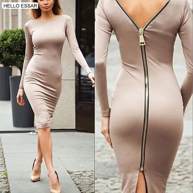 Ανοιξιάτικο νέο μεγάλο μέγεθος Bodycon φόρεμα Μονόχρωμο Στρογγυλή λαιμόκοψη μακρυμάνικο πίσω στενό φόρεμα με φερμουάρ Γυναικεία ρούχα D1240 — image 3