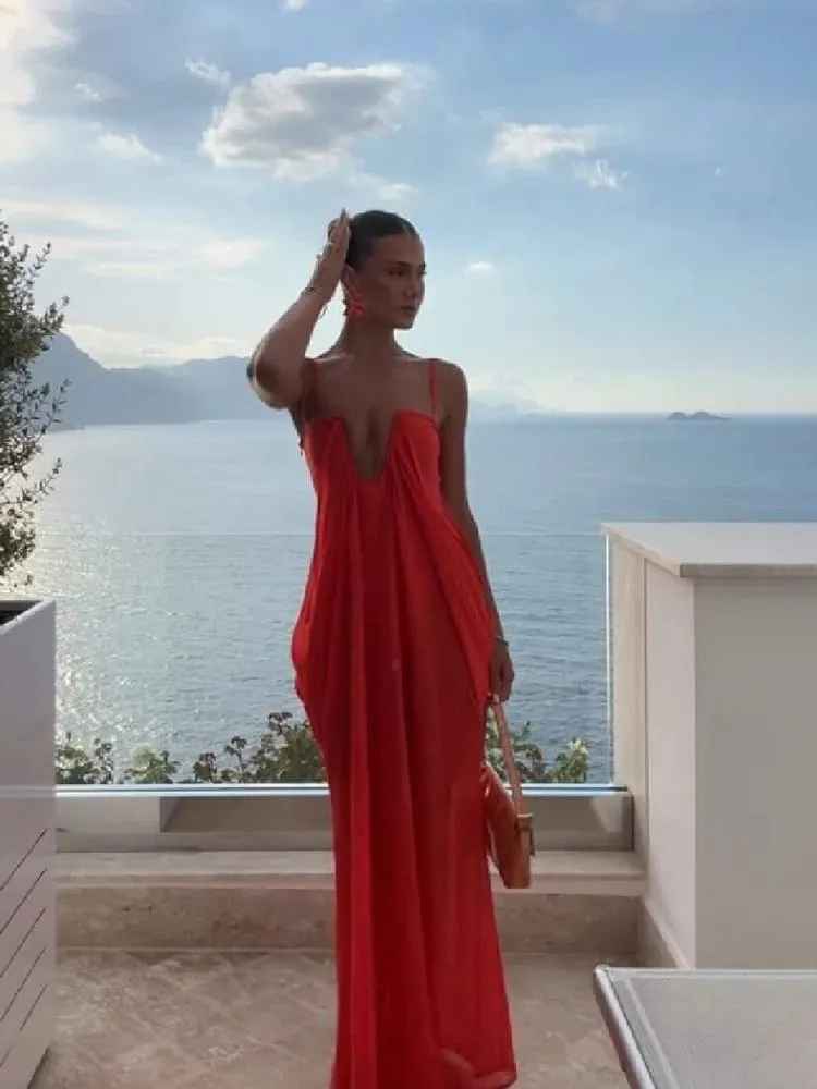 Ζωντανό γιορτινό Flowy Maxi Φόρεμα Deep U Chic Bohemian Chiffon Loose Fit Γυναικεία Φορέματα Παραλία Διακοπές για καλοκαιρινό πάρτι
