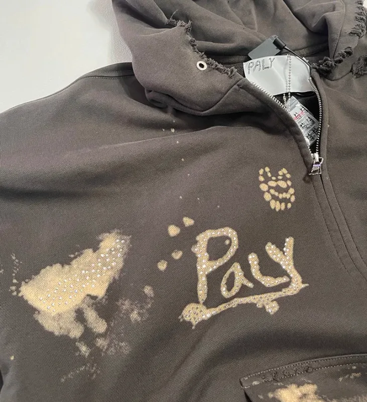 Washed Graffiti PALY Hoodies Men Woman Vintage Damaged Hole Old New Autumn Winter Zipper Hooded Pullovers Sweatshirts — image 4