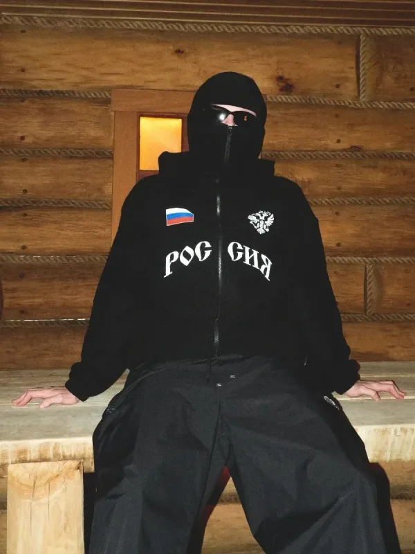 Hip Hop Face Cover Moletom Unissex Solto Preto Zip Up Moletom Design Impresso com Bandeira da Águia — image 3