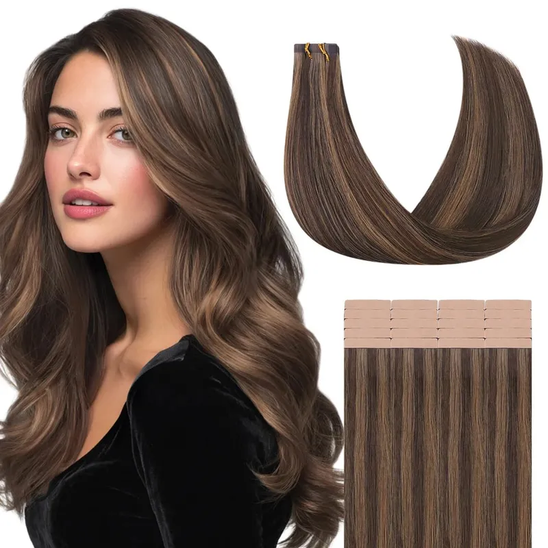 Sunmofavo Tape In Remy Human Hair Extensions Παχιά μεταξένια ίσια φυσική καφέ αόρατη ταινία 20 τμχ. — image 20