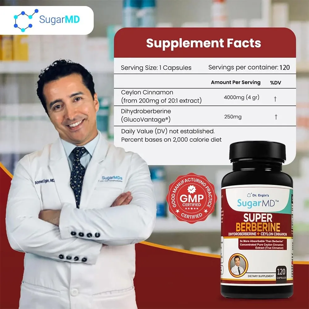 תוסף SugarMD 5X Super Berberine - 250 מ"ג GlucoVantage Dihydroberberine עם 4000 מ"ג קינמון ציילון לניהול משקל