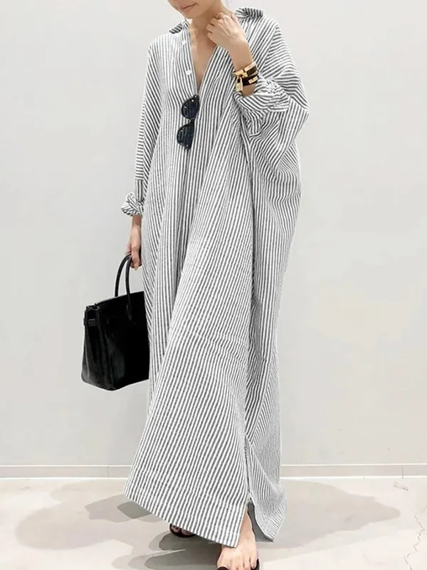 2025 Stripe Printed Beach Party Sundress ZANZEA Ανοιξιάτικο φθινόπωρο Γυναικείο μακρυμάνικο πέτο φόρεμα με ρεβέρ, Casual Loose Vestidos