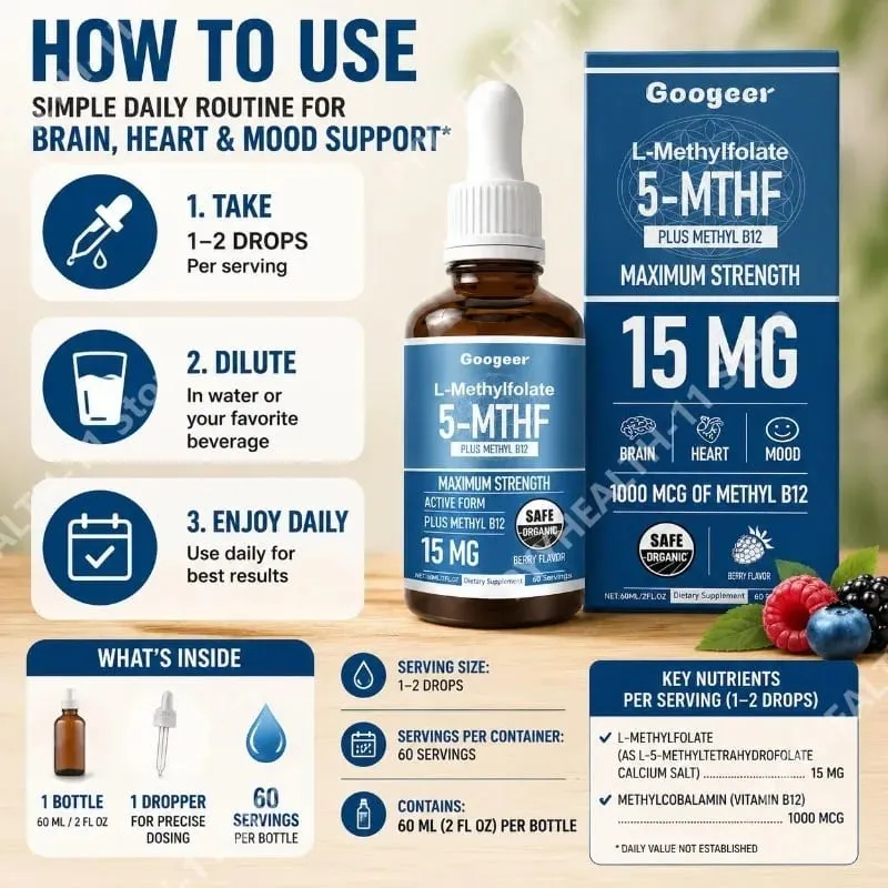 Googeer L-metilfolát 5-MTHF folyékony cseppek metil-B12-vel 15mg 1000mcg Maximális erősségű szív-agy hangulattámogatás 60ml — image 5