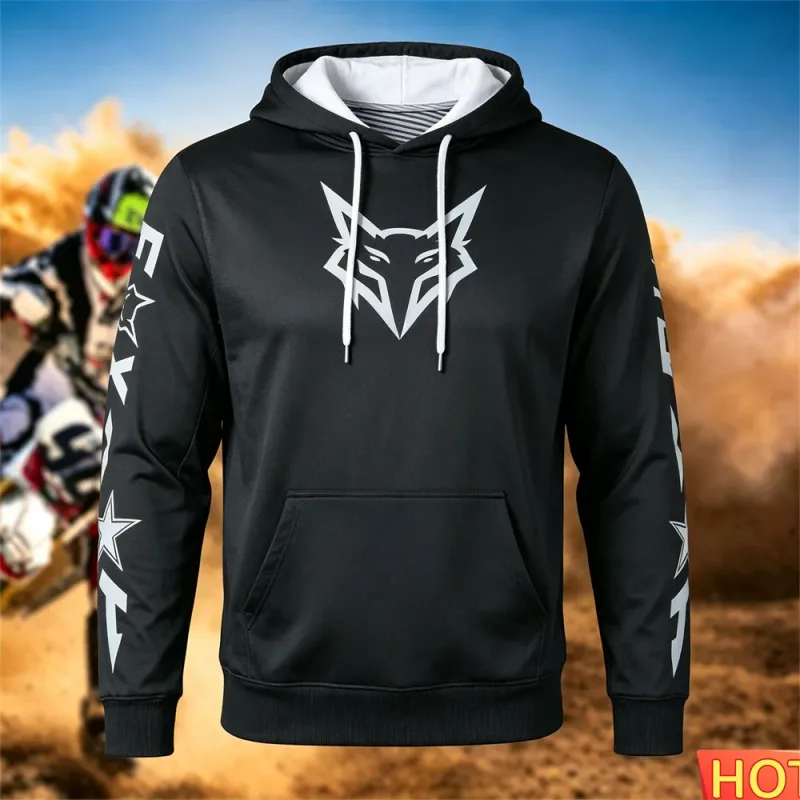 Outono/inverno moletom de corrida masculino ao ar livre ciclismo com capuz pulôver padrão de raposa bolso moletom esportivo motocicleta moletom com capuz — image 7
