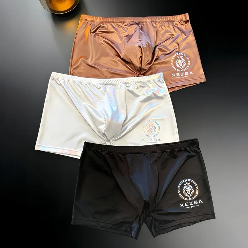 Men Glossy Ice Silk Boxer Shorts Briefs U-shape Pouch Underwear Home Sleep Trunk Men's Glossy Satin Ice Silk Long Leg Boxer