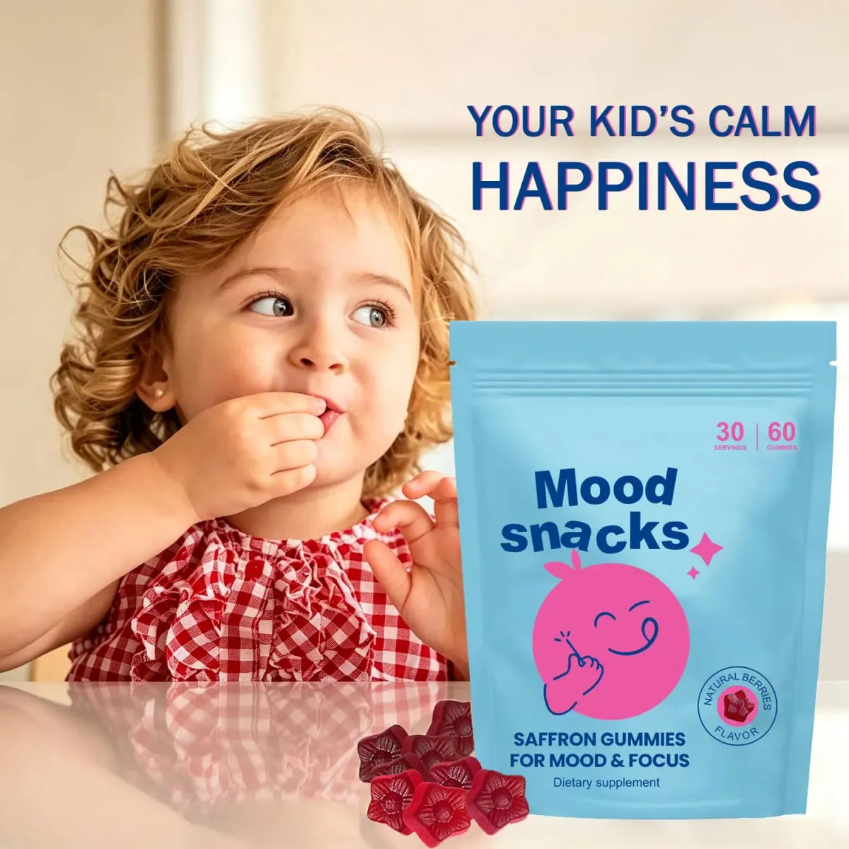 Mood Snacks - Kids Saffron Gummies Natural Berries Supplements Offer Mood Support and Calms Temper Tantrums Sugar Free Gummies