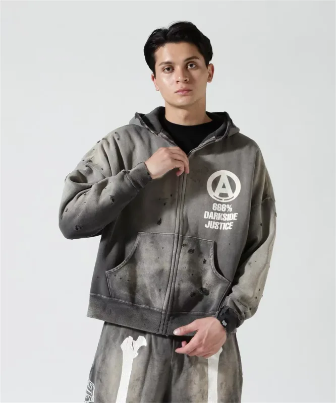 Mx6 × 26SS Zipper Retro Vintage New Letter Print Pocket Distressed Washed Cotton Hooded Sweatshirt Sweater Hoodies For Men — image 3