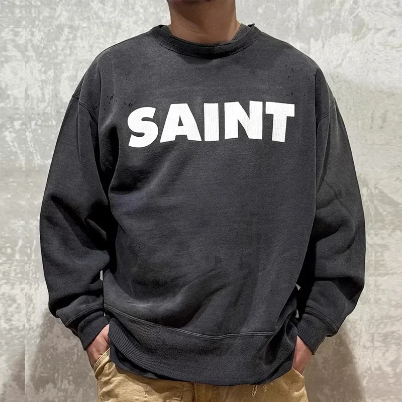 Autumn Winter Classic Overlapping Logo Print Saint Sweatshirts Men Women Couple Colorful Letters Graffiti Washed Black Pullovers — image 32