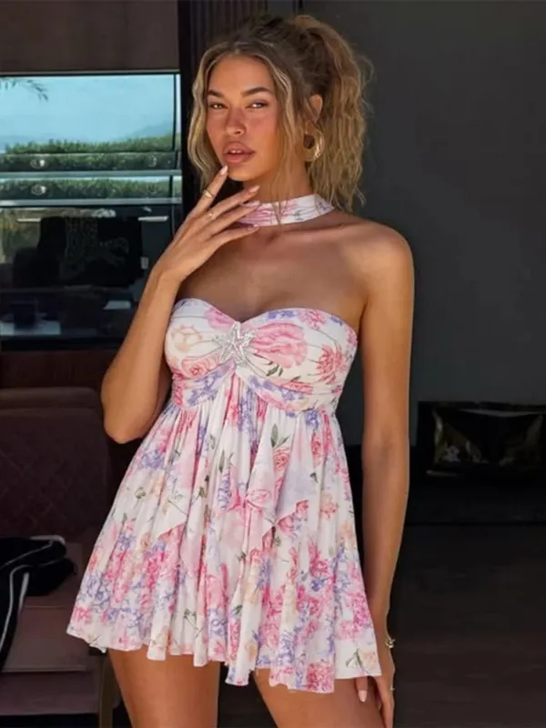 Floral Printd Lace Patchwork Sling Mini Dress Women Elegant Backless Sleeveless A Line Vestidos Chic Lady Holiday Street Wear — image 9