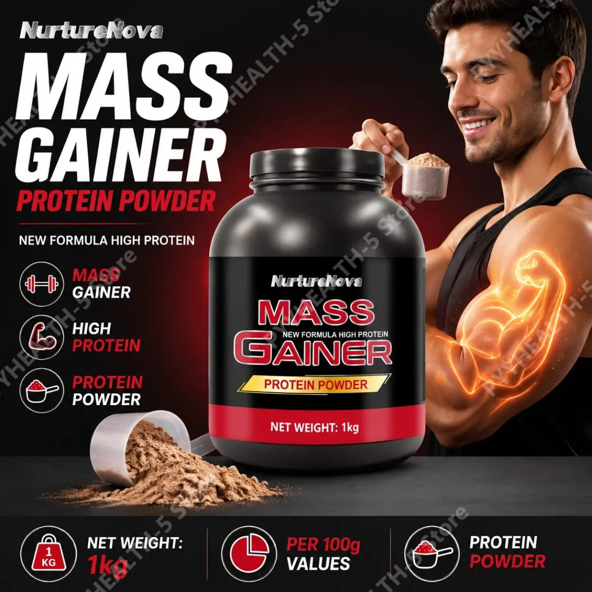 Mass Gainer Protein Powder NurtureNova New Formula High Protein for Muscle Building Support Συμπλήρωμα Αθλητικής Διατροφής 1kg — image 2