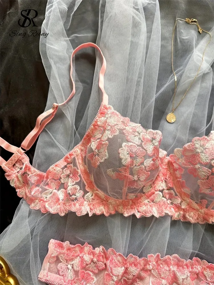 Διχτυωτό Sheer Εσώρουχα Δύο Κοστούμια Γαλλικά Floral Seusual Σετ Εσωρούχων Γυναικεία Κέντημα Σέξι Σετ σουτιέν και σλιπ — image 5