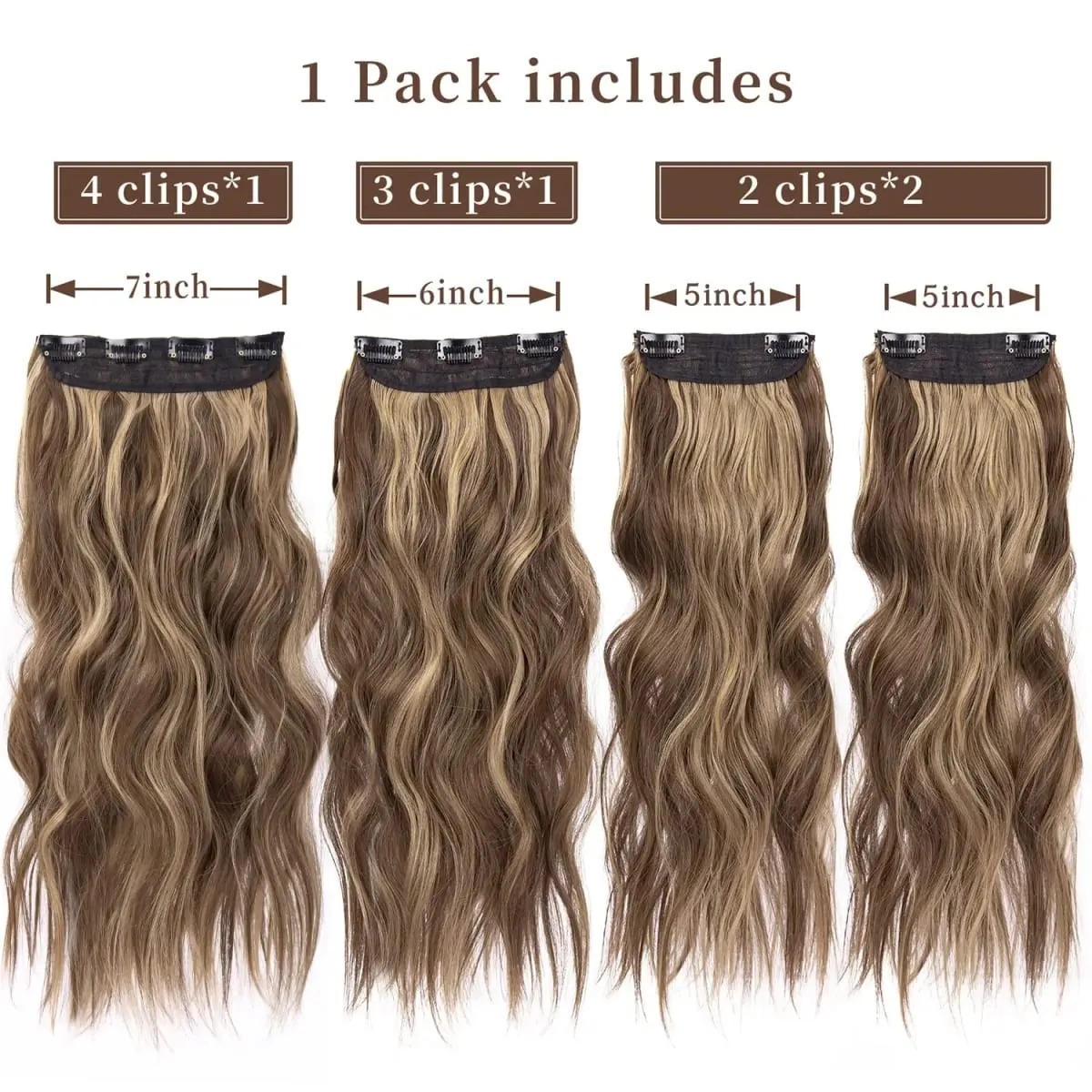 Leeons Wavy Clip In Hair Extensions 4 τμχ Φυσικά μαλακά μακριά κυματιστά Hairpieces Χοντρό διπλό κλιπ υφαδιού σε επεκτάσεις μαλλιών για γυναίκες — image 3