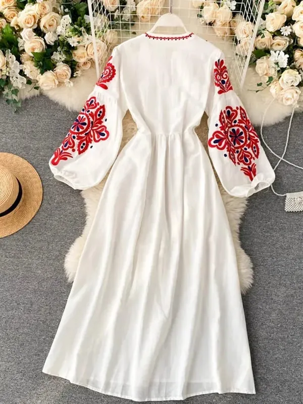 Női őszi ruhák Bohém hímzett virágos O-nyakú lámpás ujjú, magas derékú, redőzött ruha, Női Vestidos PL393 — image 3