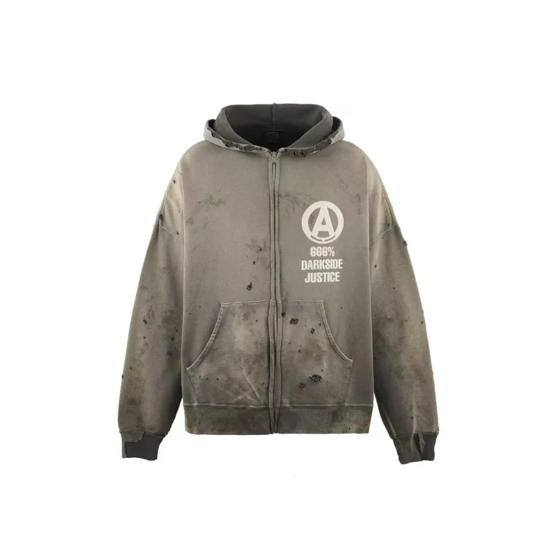 Mx6 × 26SS Zipper Retro Vintage New Letter Print Pocket Distressed Washed Cotton Hooded Sweatshirt Sweater Hoodies For Men — image 9