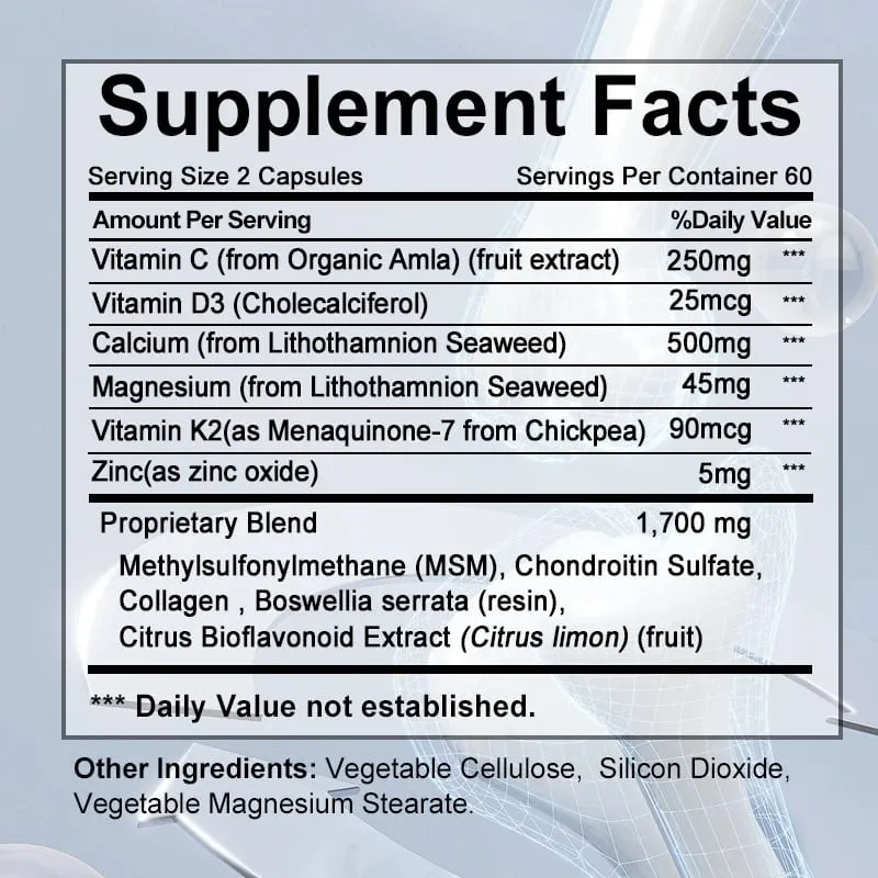 Kalciumot és D K- és C-vitamint tartalmazó Bone Complete kapszulák az ízületek egészségéért, a csontok bőréért, a körmök egészségéért és a csontritkulásért — image 6