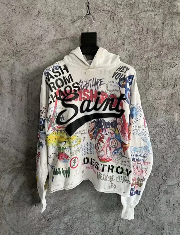 24FW SAINT Vintage Angel Printed Distressed Women Men Hooded Sweatshirt Hoodies Oversized Men Casual Cotton Pullover Hoodie — image 12