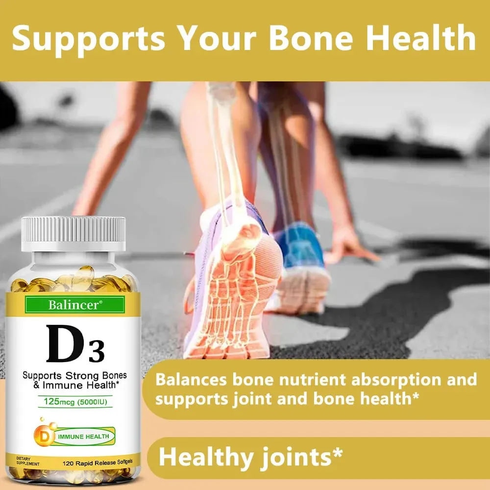 Συμπλήρωμα διατροφής Balincer Vitamin D3 5000 IU (125 mcg) για οστικά δόντια Μύες και Υποστήριξη Ανοσοποιητικής Υγείας 30/60/120 Softgels — image 3