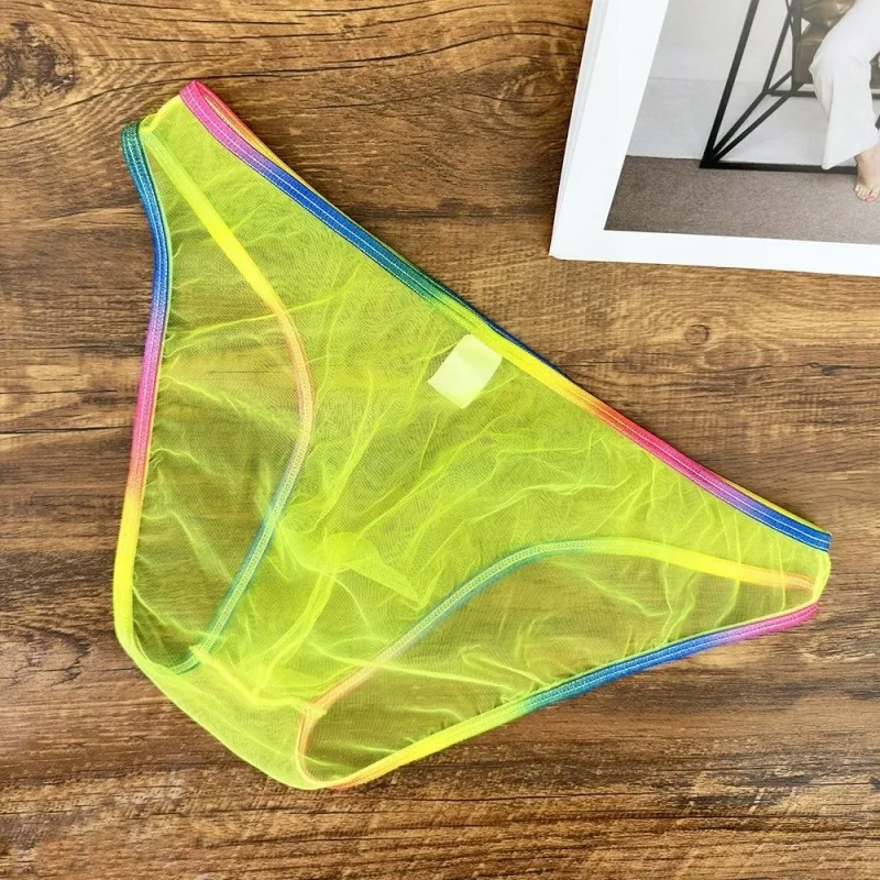 Cuecas masculinas coloridas de cintura baixa u convexa, cuecas de gaze sexy ultrafinas de malha pura transparente — image 14